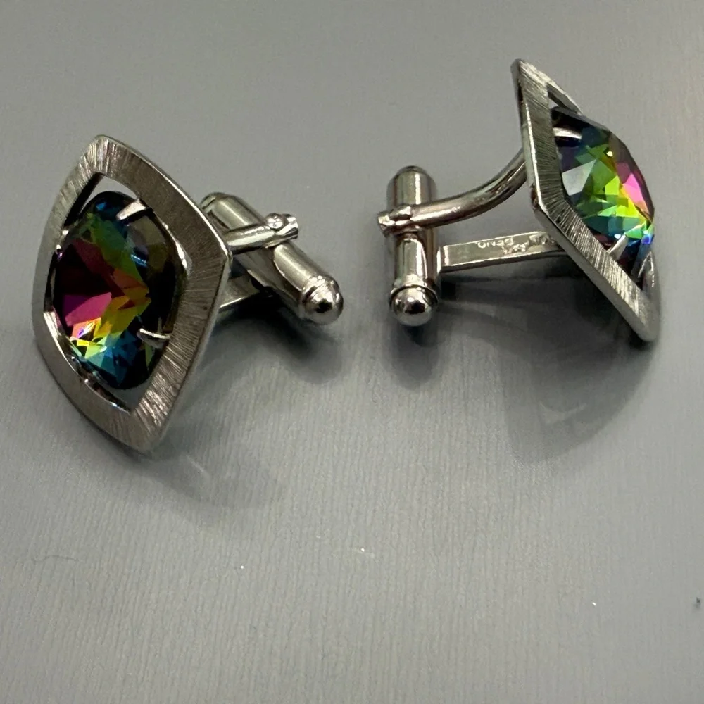 Vintage Anson Silver Set Watermelon Rhinestone Mid Century Modern Cufflinks